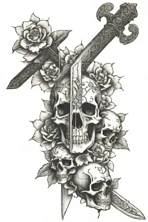 Sword With Cherry Blossoms And 3 Skulls Surrounded