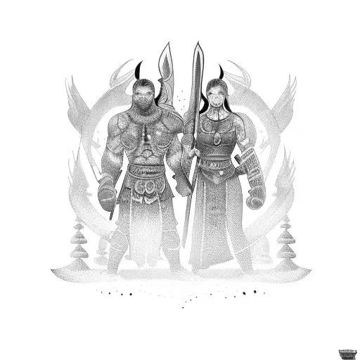 Back Tattoo Male And Female Warriors Together