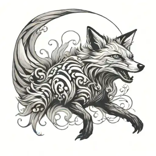 A Surreal Tattoo Of A Fox With Nine Tails Surrounded By Wisps Of Smoke In The Sky