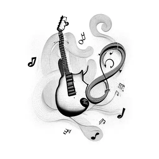 A Blackwork Tattoo Of A Guitar With Music Notes Flowing Out Of It