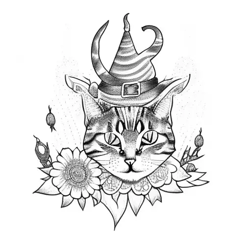 A Sketch-style Tattoo Of A Cat Wearing A Witch Hat Surrounded By Enchanted Flowers And Butterflies