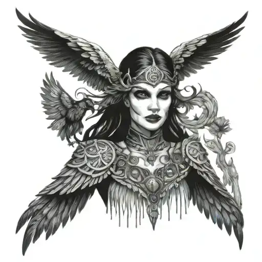 The Morrigan With Crow Wings Wrapped Around Face