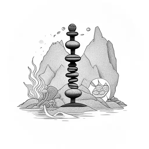 Under The Bridge Tattoo With Meditation Rock Balancing At The Forefront On Water