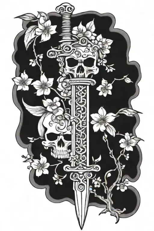 Sword With Cherry Blossoms And 3 Skulls Surrounded