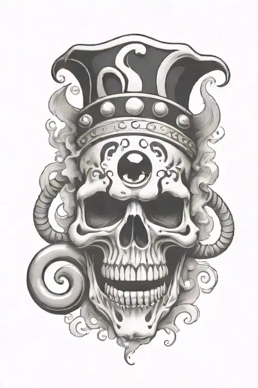 Jester Skull With Smoke Swirling And One Of The Eyes Is The 8 Ball