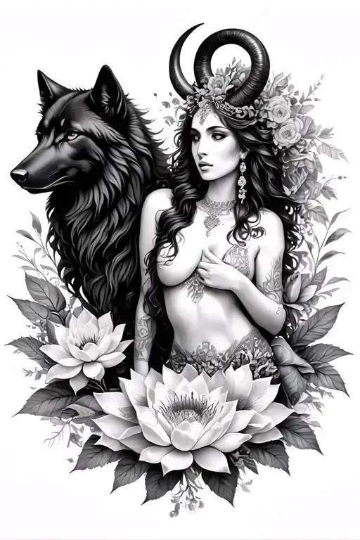 Aries Sexy Goddess Surrounded By Poeny And Lotus Flowers And Black Wolf