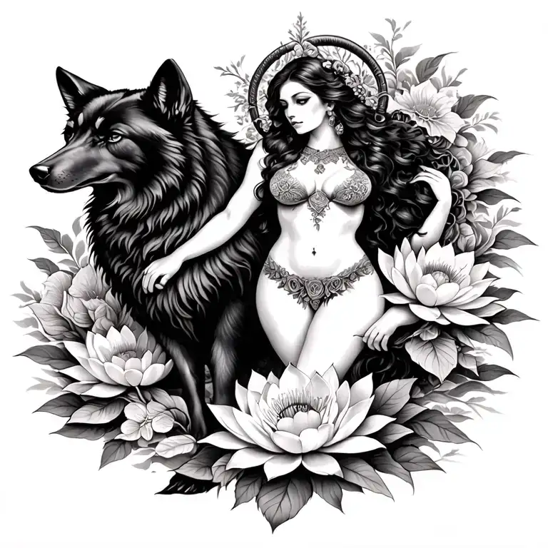 Aries Sexy Goddess Surrounded By Poeny And Lotus Flowers And Black Wolf