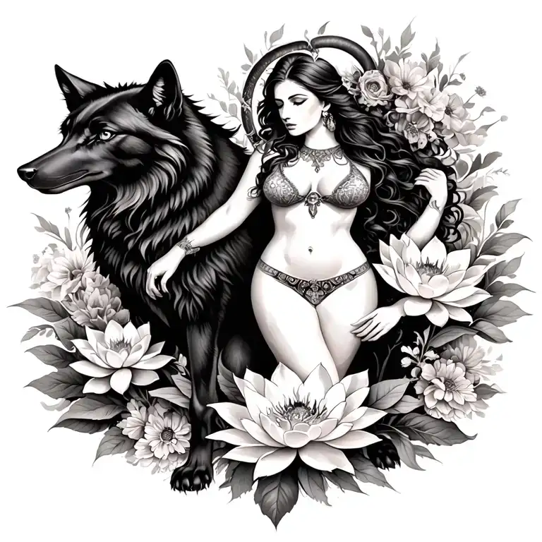 Aries Sexy Goddess Surrounded By Poeny And Lotus Flowers And Black Wolf