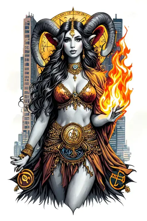 Aries Sexy Goddess In The City Holding Fire With Zodiac Symbols