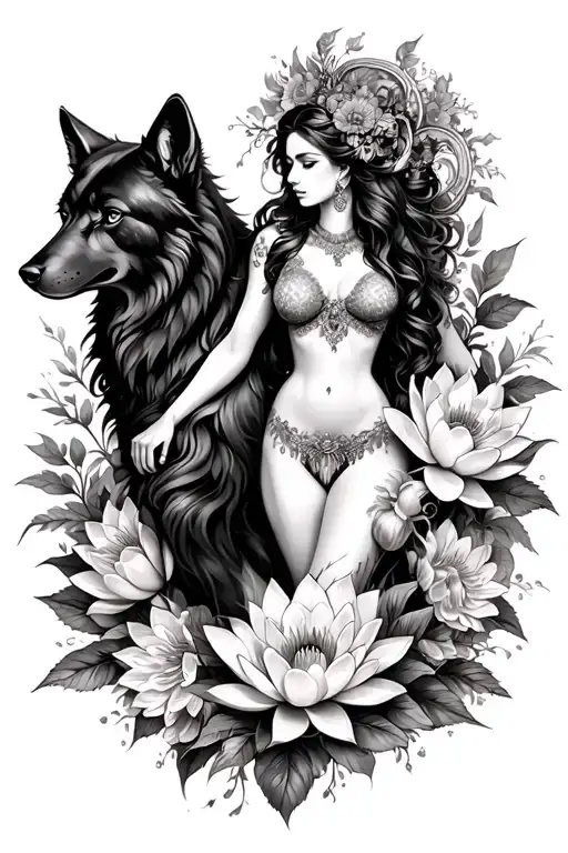 Aries Sexy Goddess Surrounded By Poeny And Lotus Flowers And Black Wolf
