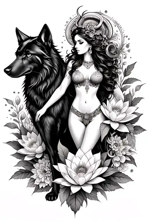 Aries Sexy Goddess Surrounded By Poeny And Lotus Flowers And Black Wolf