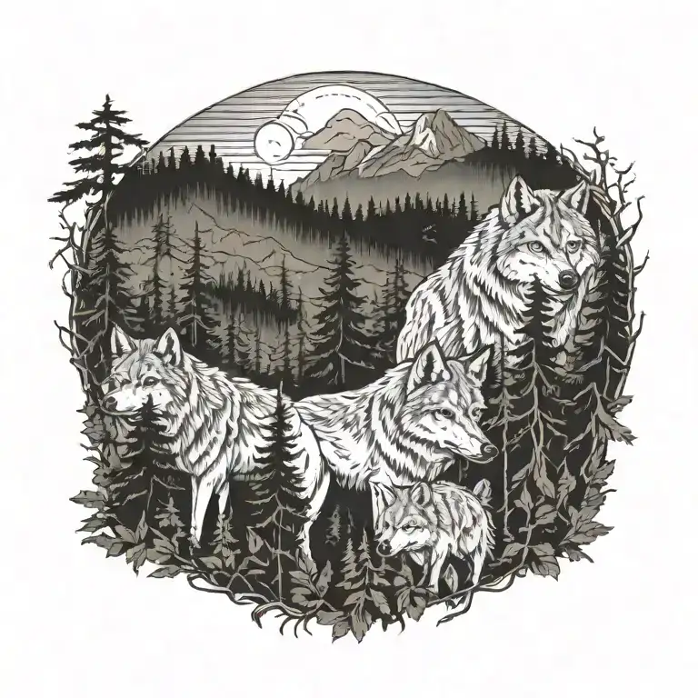 Wolf Pack In Smokey Mountains Filled With Trees