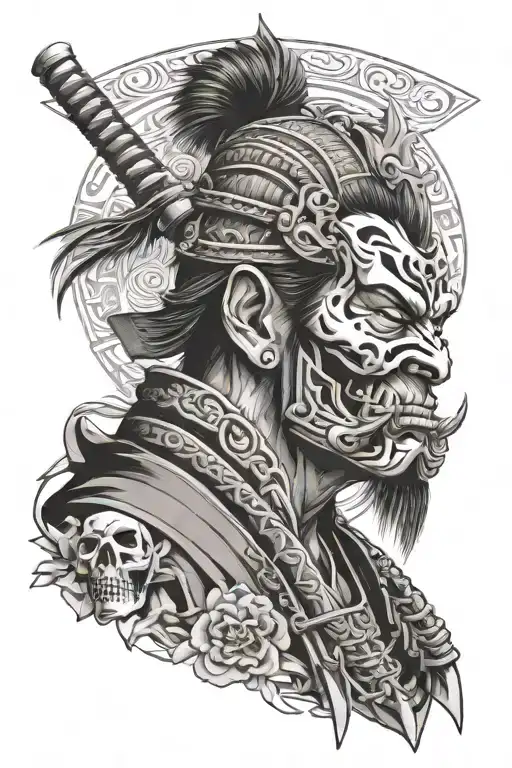 Samurai In Variety With Skull Head Profile Holding