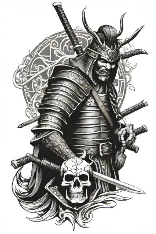 Full Length Samurai In Armor With Skull Head Profile