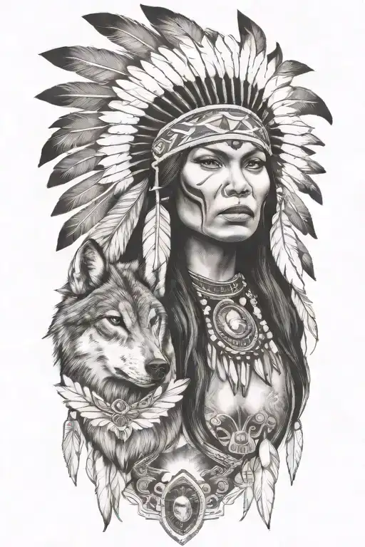 Native American Women Wolf Surrounded