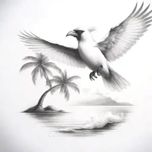 Flying Cardinal To The Ocean And Palm Tree With Clouds