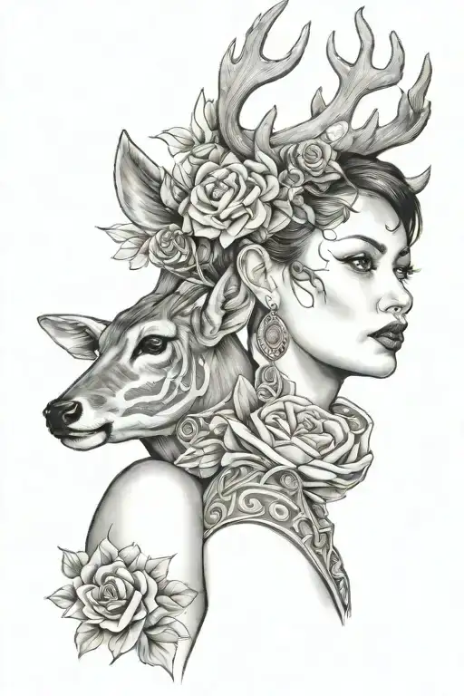 Deer And Woman Posing