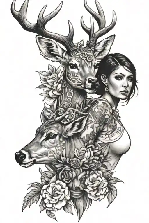 Deer And Woman Posing Together