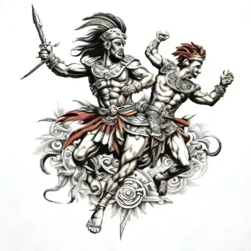 Alexander The Great And Aztec Warrior Battling