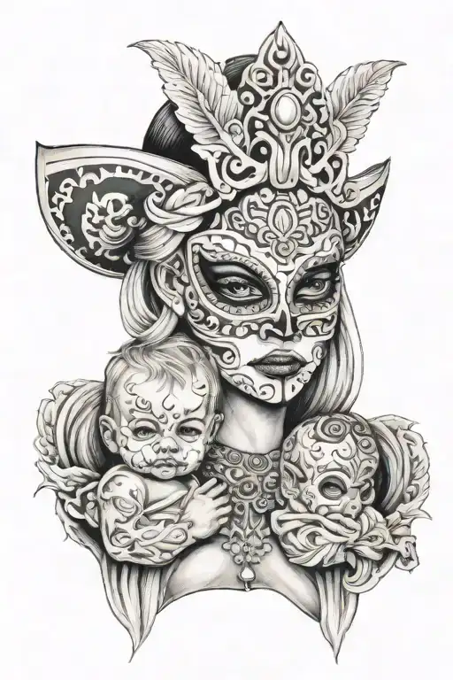 Mexican Mask On Blonde Woman Holding A Baby