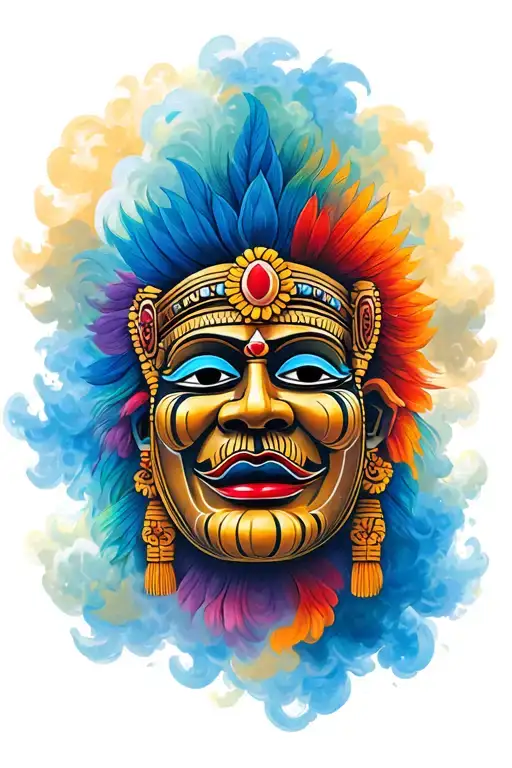 Traditional Nepalese Ceremonial Mask Portrait Fading Into Nepalese Style Clouds