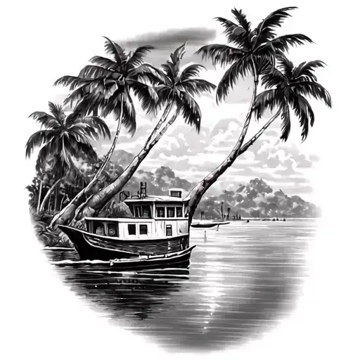 Full Scene Of A Bay With Palm Trees Black And White