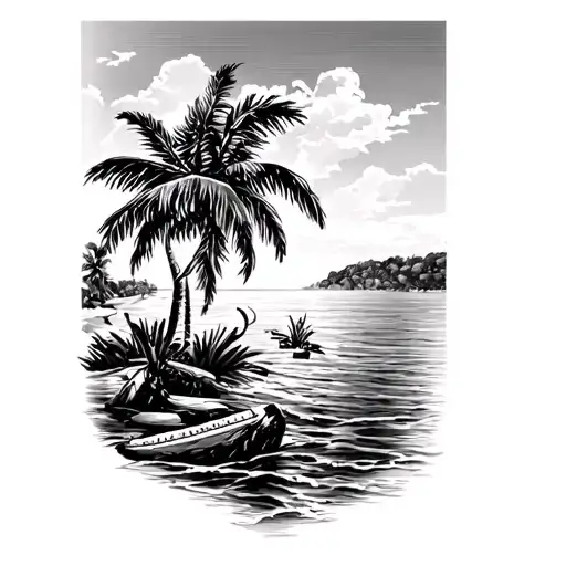 Full Rectangular Scene Of A Bay With Palm Trees Black And White