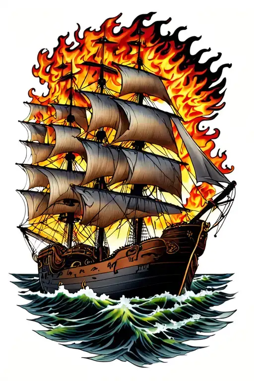 Multiple Spanish Galleons On Fire Flames