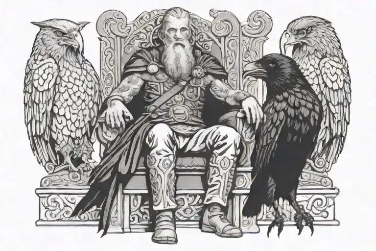 Odin Sitting In A Throne With His Two Ravens Huginn And Muninn
