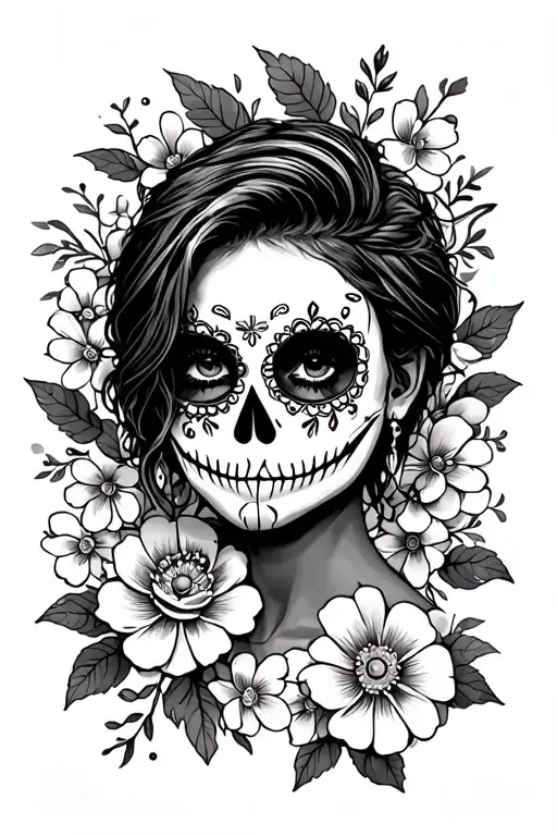 A Short Hair Muerte With Flowers Without Mask In Black And White