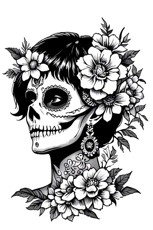 A Short Hair Muerte With Flowers Without Mask In Black And White