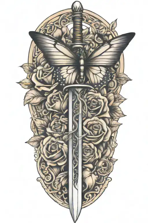 Sword With Roses Around It With A Butterfly