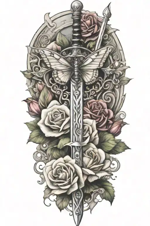 Sword With Roses Around It With A Small Butterfly