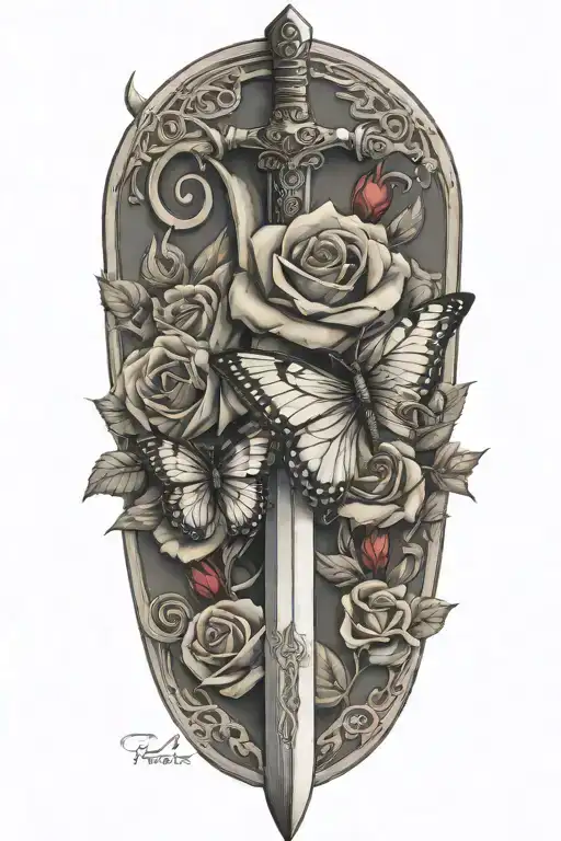 Sword With Roses Around It With A Small Butterfly On The Rose