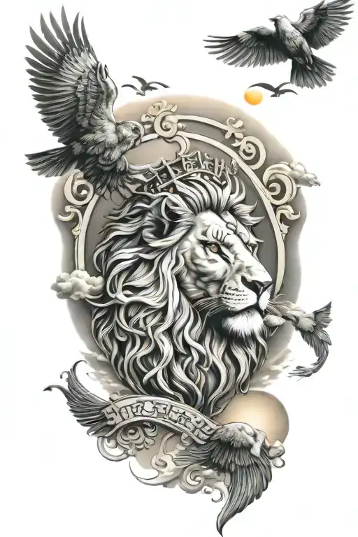 Ocean Beach Sunrise Lion Temple God Flying Birds