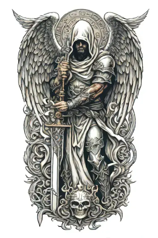 Hooded Angel Holding A Sword Surrounded By A Dragon And Phoenix