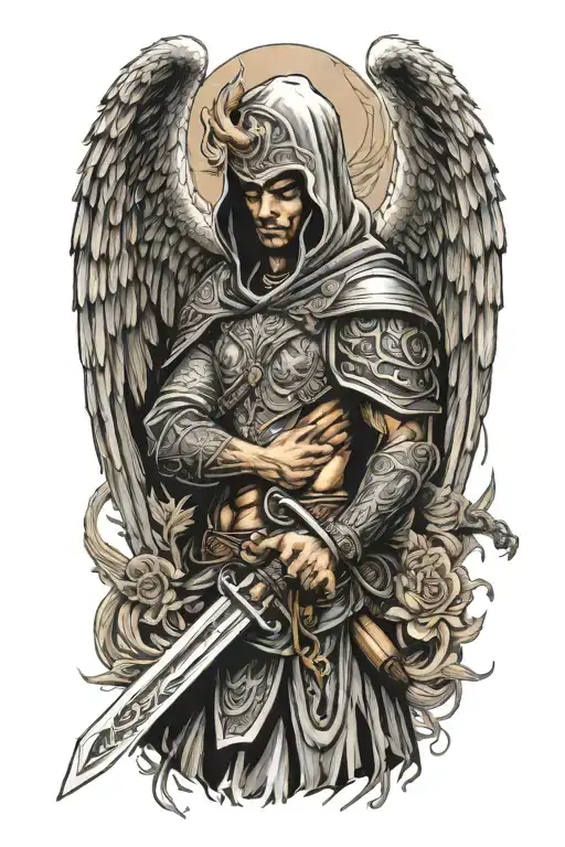 Hooded Angel Holding A Sword Surrounded By A Dragon And Phoenix