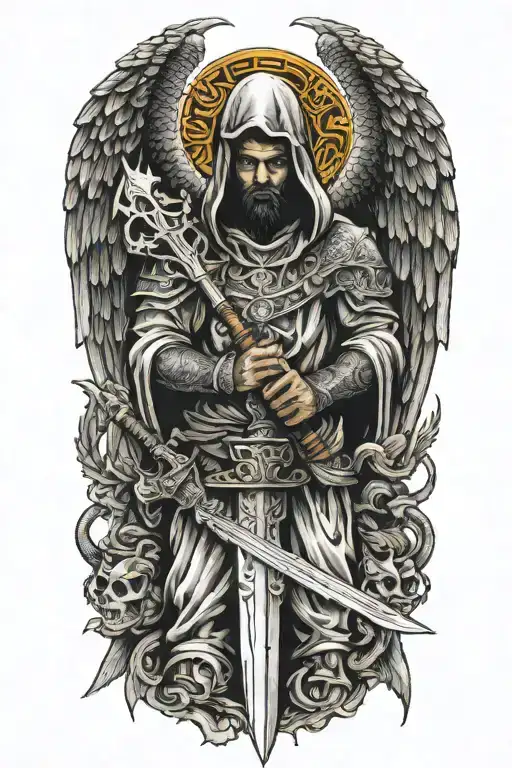 Hooded Angel Holding A Sword Surrounded By A Dragon And Phoenix