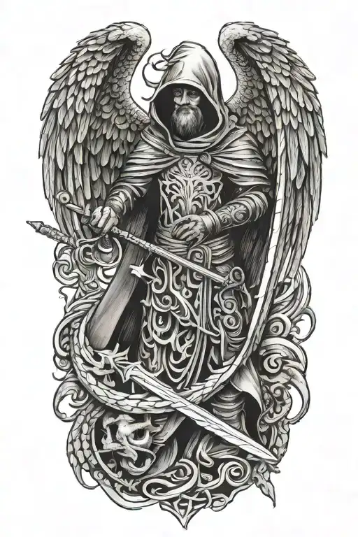 Hooded Angel Holding A Sword Surrounded By A Dragon And Phoenix