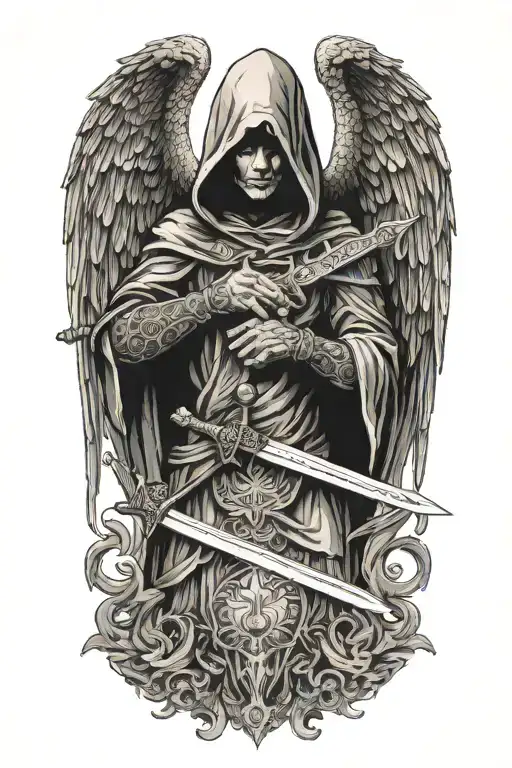 Hooded Angel Holding A Sword Surrounded By A Dragon And Phoenix