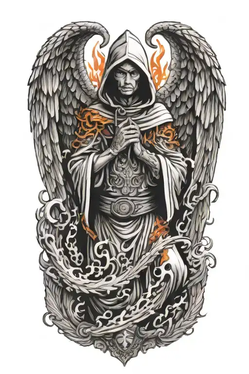 Hooded Angel With Wings Made Of Fire Fighting A Dragon