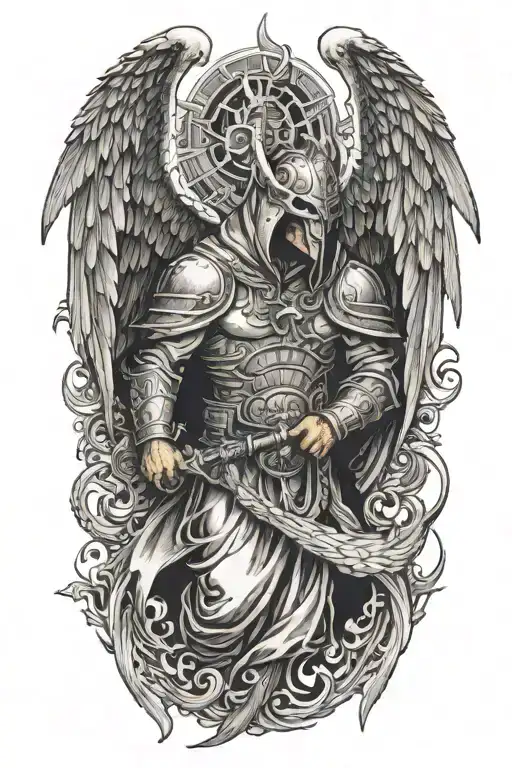 Hooded Angel With Wings Made Of Fire Fighting A Dragon