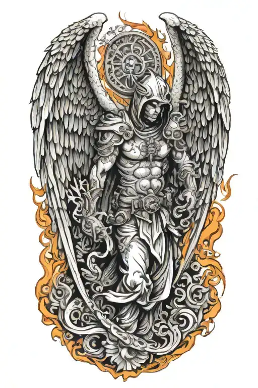 Hooded Angel With Wings Made Of Fire Fighting A Dragon