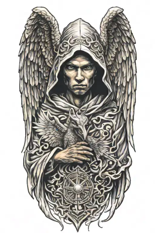 Hooded Angel With Wings Made Of Fire And The Hood Of A Dragon Head