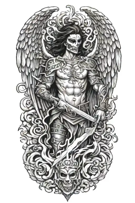 Angel With A Dragon Mask Holding A Sword Of Fire