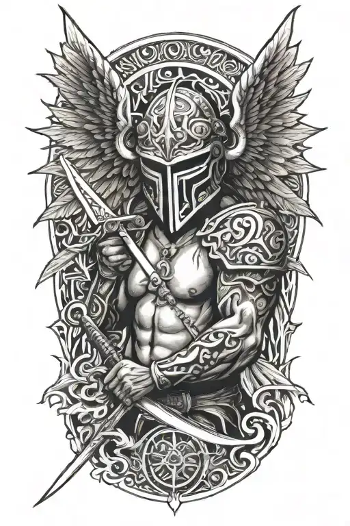 Angel With A Dragon Tribal Helmet Holding A Sword Of Fire