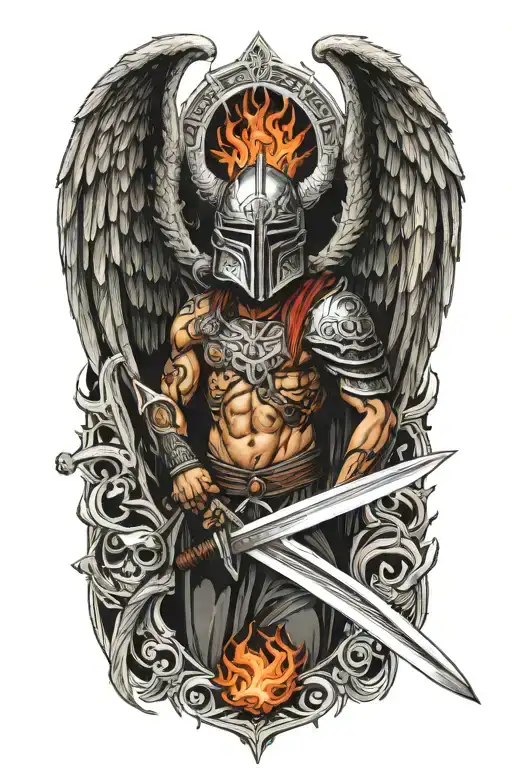 Angel With A Dragon Tribal Helmet Holding A Sword Of Fire