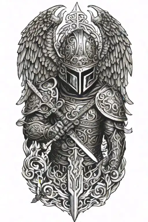 Angel With A Dragon Tribal Helmet Holding A Sword Made Of Fire