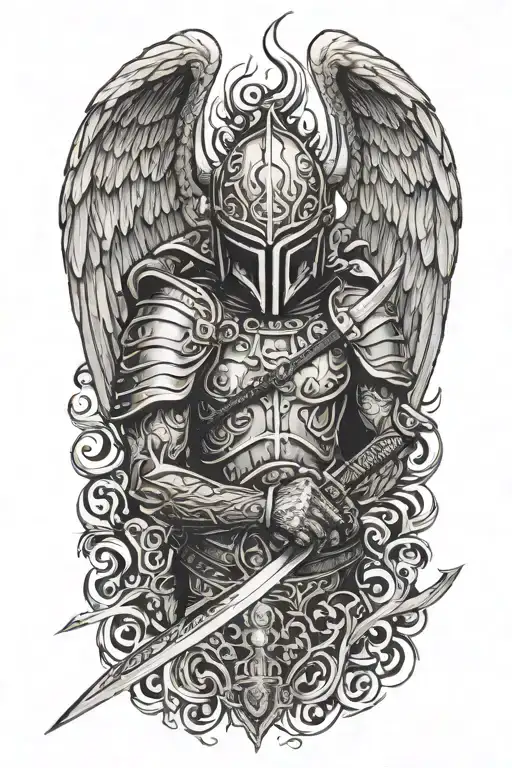Angel With A Dragon Tribal Helmet Holding A Sword Made Of Fire