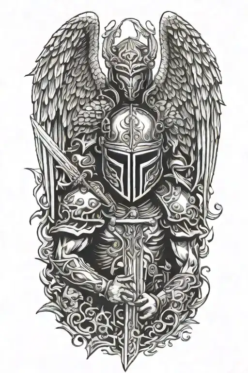 Angel With A Dragon Tribal Helmet Holding A Sword Made Of Fire